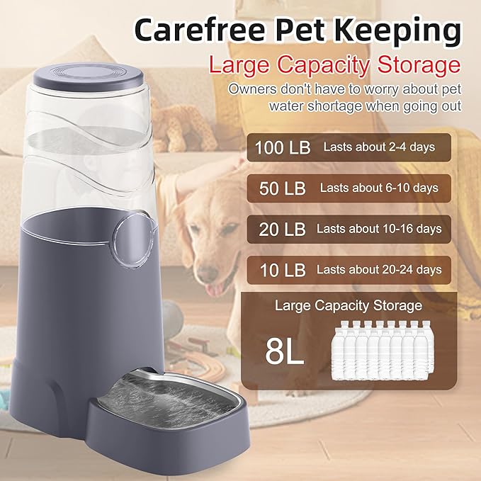8L Automatic Pet Waterer,Gravity Stainless Steel Water Feeder,Gravity Pet Water Dispenser,Large Capacity Waterer with Stainless Steel Bowl for Medium and Large-Sized Cats and Dogs(8L,Grey)-PurrikoPets