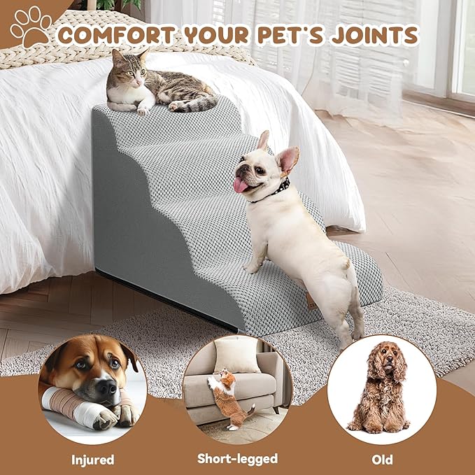 Dog Ramp and Stair for Bed 16" H-20 H,3-Step Cat Stair for Sofa and Chair,4-Step Dog Ramp for High Bed and Window,Durable Nonslip Fabric Cover for Indoor (Light Grey-20 H, Pet Friendly, 4)-PurrikoPets