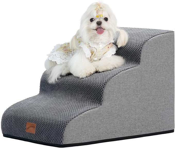 GoGoBunny Ramp Dog Stairs for Couch Sofa and Chair 15.7" H, 3-Step Pet Steps for Small Dogs and Cats, Non-Slip Waterproof Fabric Cover, Stable and Balanced Indoor Step, Pets Friendly, Grey-PurrikoPets