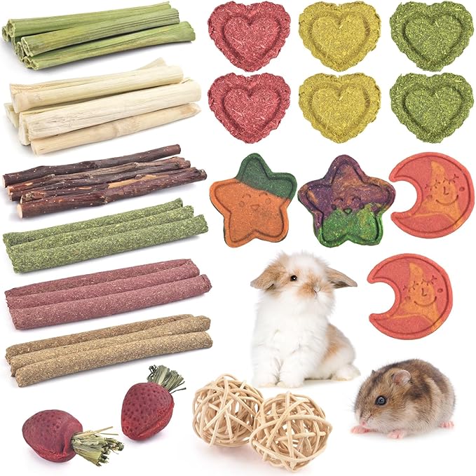 ERKOON 33PCS Bunny Chew Toys for Rabbits Teeth, Natural Rabbit Toys Apple Wood Sticks, Carrot, Timothy Grass Toys for Small Pets, Hamster, Chinchilla, Guinea Pig Dental Care and Treat Teething Toys-PurrikoPets