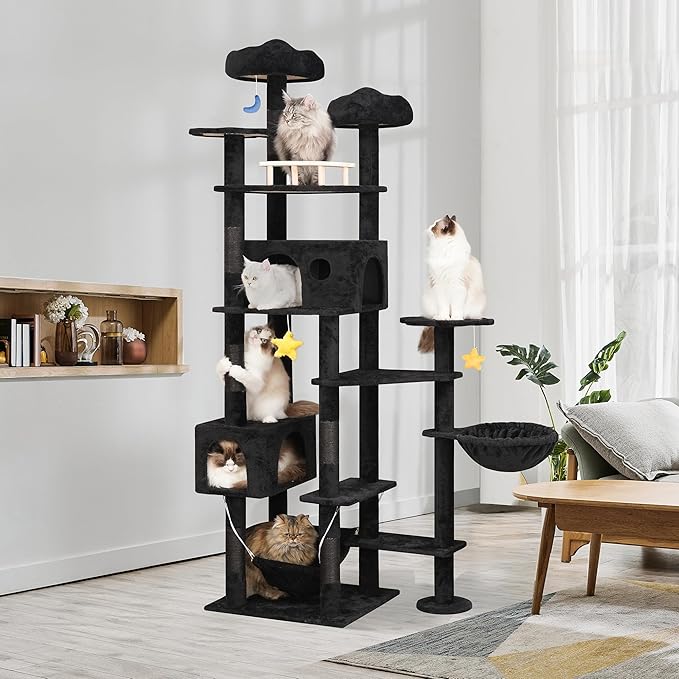 85inch Giant Cat Tree for Heavy Duty Big Cats, Multi-Level Luxury Cat Tower with Scratching Post, Cat Condo with Hammocks & Plush Perches for Indoor Cats Large Adult, Black-PurrikoPets