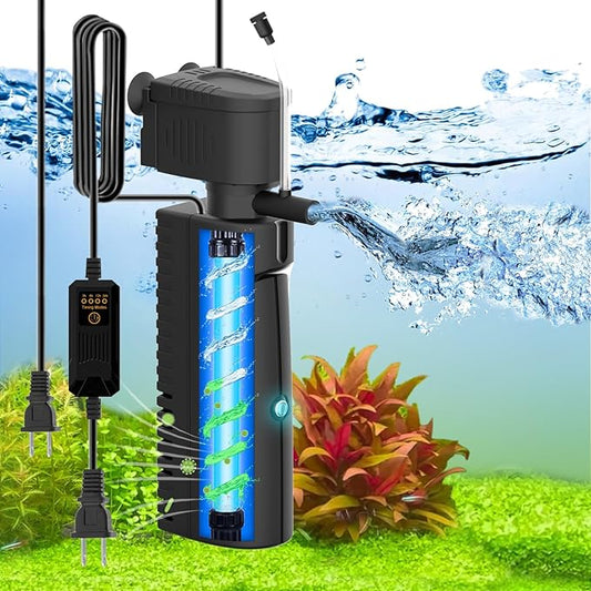 Fish Tank Filter with U - V Light & Timer (3/6/12/24 Hours) for Green Water Cleaning, Aquarium Filter with Aeration Turtle Tank Filter with Pre-Filter Sponge for Tanks 70-100 Gallon-PurrikoPets