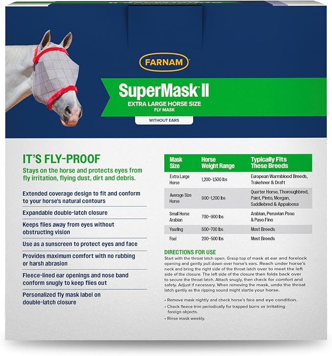 Farnam SuperMask II Fly Mask Without Ears for Larger Horses, Full Face Coverage and Eye Protection from Insect Pests, Structured Classic Styling Mesh with Plush Trim, XL Size-PurrikoPets