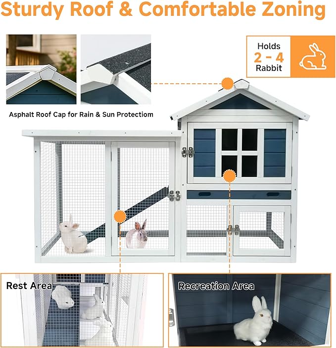 GARWOOD Large Outdoor Indoor Rabbit Hutch Wooden Bunny Rabbit Cage 2-Story with Run No-Leak Pull-Out Tray Waterproof Asphalt Roof Ramp for Guinea Pig Small Animal Wood Pet House Home Blue White-PurrikoPets