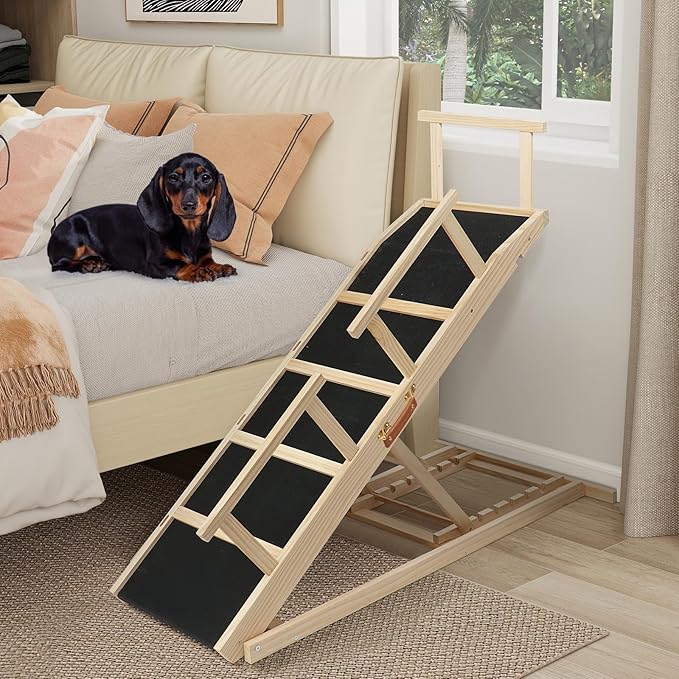 Dog Ramp for Bed PANTAZO Adjustable Ramps for Small Dogs to Get on Bed, Up to 28.5 Inches, 48'' Long,120lbs with Anti-Slip Grip & Safety Rail-PurrikoPets