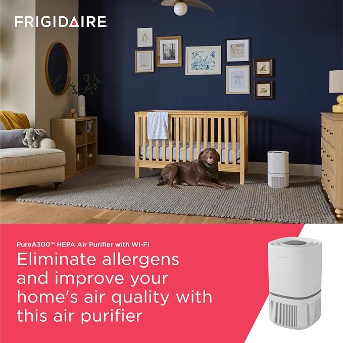 Frigidaire PureA300 HEPA Air Purifier with Wi-Fi for Small Bedrooms, Covers up to 850 Sq. Ft., 3-Stage Filtration, Energy Star Certification, Air Quality Monitoring, Smart Mode, Ultra Quiet, White-PurrikoPets