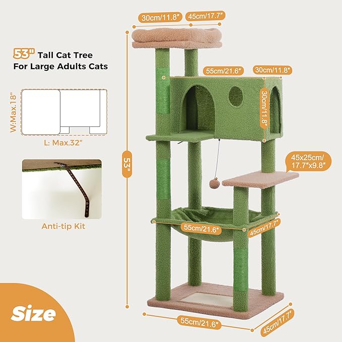 54” Cat Tree for Large Cats Big Cat Tower with Enlarged Hammock 21.6x17.7” Spacious Cats Condo House, Roomy Top Bed,Multiple Scratch Posts and Pad for Indoor Adult Cats (Green, Large-54)-PurrikoPets