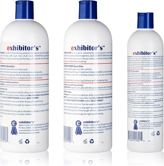 exhibitor's Quic Silver System Includes Quic Shampoo Quic Conditioner 32 Ounce Each Plus Quic Silver 16 Ounce for Dogs, Horses, Greys, Palominos, Cream Color Coats Silver Ash Highlights-PurrikoPets