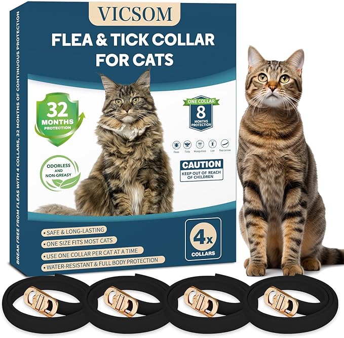 4 Pack Flea and Tick Collar for Cats, 32 Months Treatment, Waterproof Adjustable Kitten Flea Collar, Flea Prevention, Black-PurrikoPets