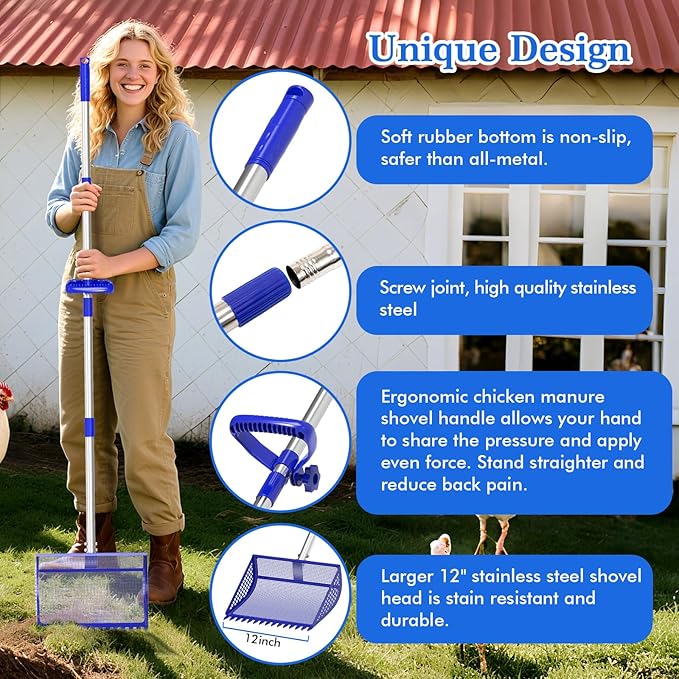 12 Inch Chicken Poop Scooper & Rake 2-in-1, Large Metal Shovel Head, Rubber Handle Stainless Steel Chicken Litter Scoop for Chicken Coops, Litter Screening Scoop (35 to 65in) US Patent Pending (Blue)-PurrikoPets