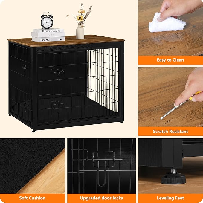 DWANTON Dog Crate Furniture with Cushion, Wooden Kennel Table with Double Doors, Indoor Dog House, Extra Large Size, 43.3" L, Black+Warm Brown-PurrikoPets