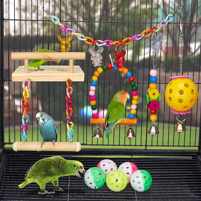 11Pcs Bird Parakeet Toys Wooden Bird Platform Stands Swing Hanging Chewing Toy Parrot Climbing Ladder Colorful Bird Cage Toys for Parakeet, Conure, Cockatiel, Love Birds, Finches-PurrikoPets