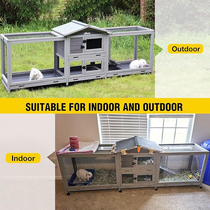 Aivituvin Rabbit Hutch Large 2-Story Bunny Cage Indoor Outdoor on Wheels Bunny House with Run,Pull-Out Tray-PurrikoPets