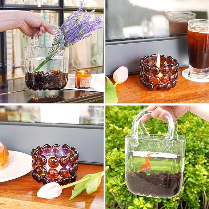 10LB Amber Flat Glass Marbles for Vases, Gemstone Beads Vase Filler Decorative Glass Pebbles for Fish Tank, DIY Crafts, Autumn Centerpieces, Aquarium Decor Rocks-PurrikoPets