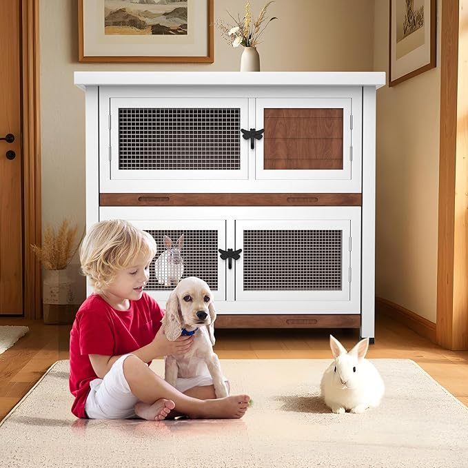 2 Story Rabbit Hutch, Indoor Outdoor Bunny Hutch Solid Wood Rabbit Cage with Removable Trays, Waterproof Asphalt Roofs and Ventilation Door, Small Animal House for Rabbit Guinea Pig Ferret, Walnut-PurrikoPets