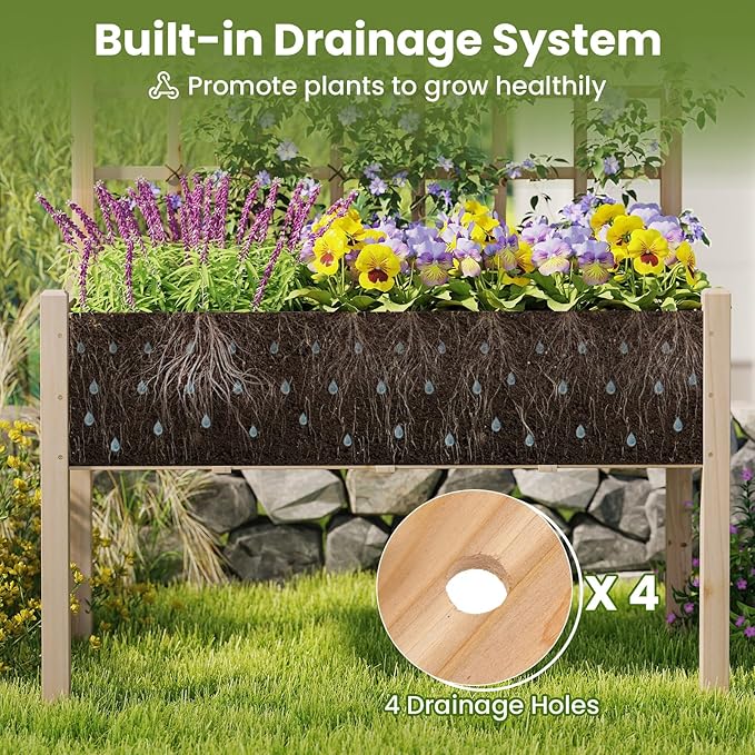 Giantex Raised Garden Bed with Trellis, Wooden Elevated Planter Box with Legs, Drainage Holes for Climbing Plants Vines Vegetables Flowers Herbs, Outdoor Horticulture Planter for Patio Yard (Natural)-PurrikoPets