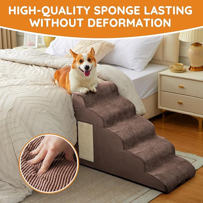 Dogs Steps for Bed, Dog Stairs for Small Dogs, 2-Step Dog Ramp for Bed, Couch, Sofa, and Chairs, Non-Slip Bottom Design, Cat Scratching, High Density Foam Portable Pet Step, Indoor, Coffee-PurrikoPets