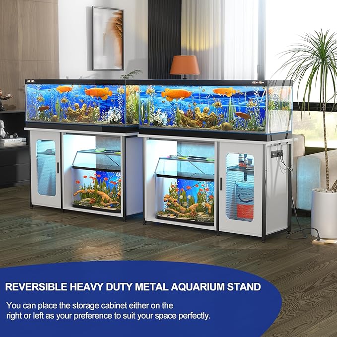 55-75 Gallon Fish Tank Stand with Power Outlets & LED Light, Reversible Heavy Duty Metal Aquarium Stand with Cabinet for Fish Tank Accessories Storage, Turtle/Reptile Terrariums, White-PurrikoPets
