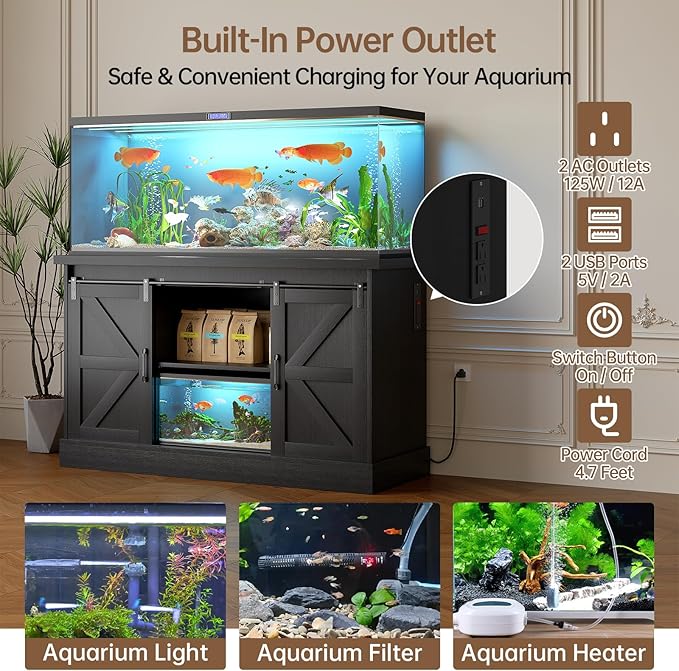 55-75 Gallon Fish Tank Stand with Sliding Barn Doors & Power Outlet, Heavy Duty Aquarium Stand with Cabinet Storage for Fish Tank, Turtle Tank, Reptile Terrarium, 1000LBS Capacity, Black-PurrikoPets