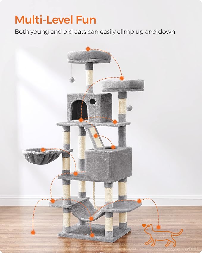 Feandrea Cat Tree, 66.1-Inch Large Cat Tower with 13 Scratching Posts, 2 Perches, 2 Caves, Basket, Hammock, Pompoms, Multi-Level Plush Cat Condo for Indoor Cats, Light Gray UPCT165W01-PurrikoPets