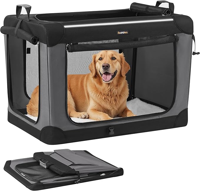 Feandrea Collapsible Dog Crate, 36-Inch Portable Dog Travel Crate for Large Dogs, Oxford Fabric Pet Carrier with 4 Mesh Doors, Handles, Storage Pocket, Water Bottle Holder, Ink Black UPDC019B01-PurrikoPets