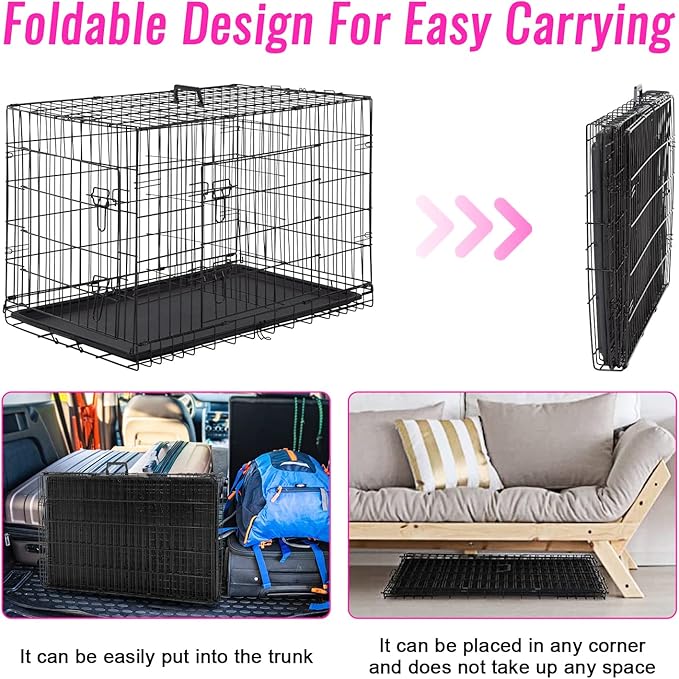 FDW Dog Crate for Large Dogs 48 Inch Folding Metal WirePet Cage Double Door W/Divider Panel Indoor Outdoor Kennel Leak-Proof Plastic Tray,Black-PurrikoPets