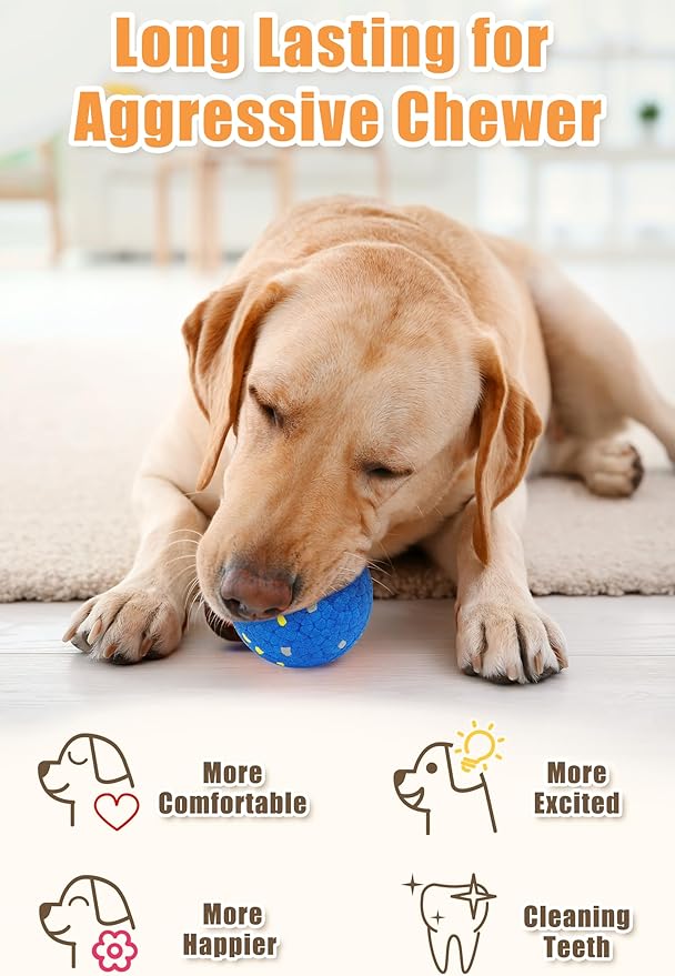 Dog Tennis Balls for Aggressive Chewers, Indestructible Durable Bouncy Interactive Toy for Dogs Fetch Game Lightweight Floating Outdoor Training(2 Yellow Point+ 2 Blue Cirle Medium)-PurrikoPets