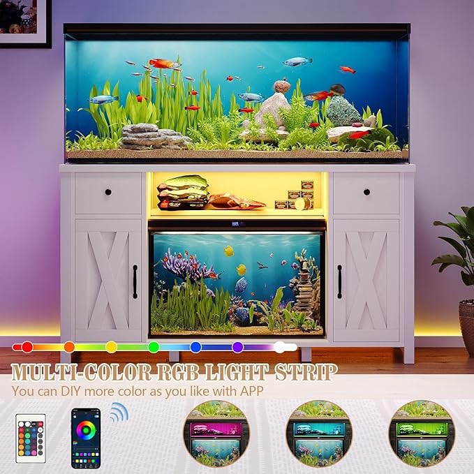 75 Gallon Fish Tank Stand with LED Light & Power Outlets, 55-75 Gallon Aquarium Stand with 2 Drawers & 2 Barn Doors, 52" L x 20" W Cabinet for 2 Fish Tank Accessories Storage, Turtle Tank, White-PurrikoPets