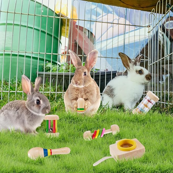 6 Pcs Wooden Bunny Toys - Safe Rabbit & Guinea Pigs Teeth Grinding Toys for Chinchillas, Hamsters & Small Animals - Indoor & Outdoor-PurrikoPets