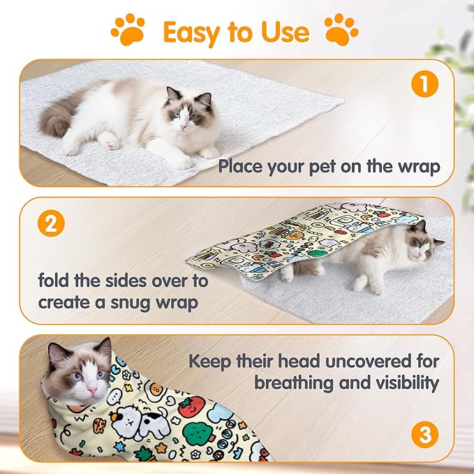 27.6" Large Cat Grooming Wrap, Cat Grooming Supplies, Cat Wrap for Cutting Nails, Self-Adhesive Cat Grooming Bag for Cats Within 15lbs Cat Restraint for Nail Clipping, Medicine Taking(Yellow)-PurrikoPets