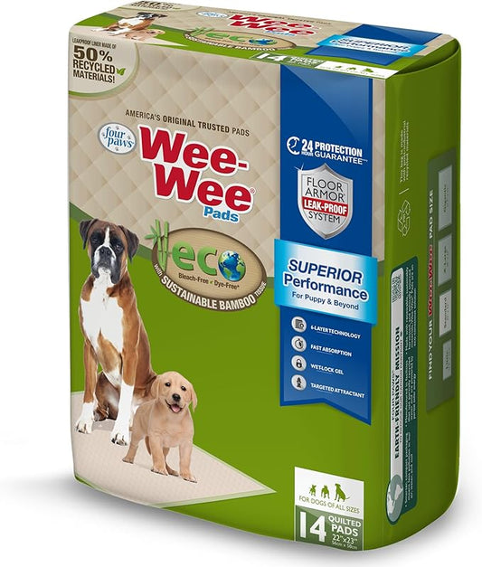 Four Paws Wee-Wee Superior Performance Bamboo Pee Pads for Dogs, Earth Friendly Dog & Puppy Potty Training Pads, Crate Liners, Housebreaking Supplies, 22" x 23" (14 Count)-PurrikoPets