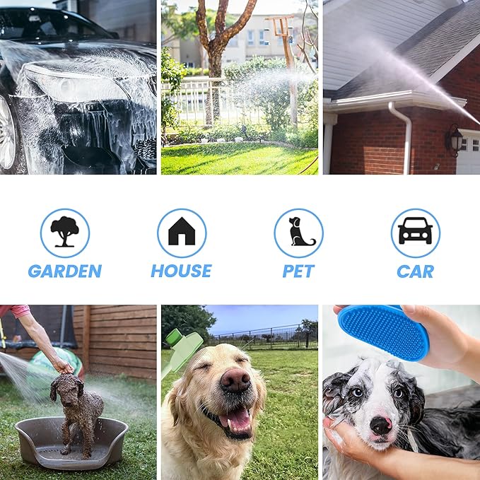 Dog Wash Hose Attachment, 10-in-1 Spray Mode Pet Shower Soap Sprayer with Grooming Comb Rubber Brush, Hose Nozzle with 100cc Soap Dispenser, for Watering, Car Wash, Dog and Horse Showering (Blue)-PurrikoPets