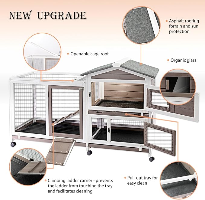57" L Rabbit Hutch Indoor Outdoor 2 Story Large Bunny Hutch with Run Guinea Pig Cage Wooden Rabbit Cage with Removable 3 Pull Out Trays Pet House for Small-Medium Animals-PurrikoPets