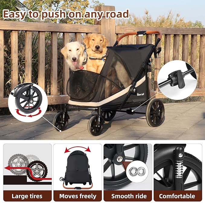 Dog Stroller for Large Dogs One-Click Folding 4 Wheel Foldable Dog Stroller for 2 Dogs with Storage Pocket Suitable for Pets Up to 110LBS (Black, Large)-PurrikoPets