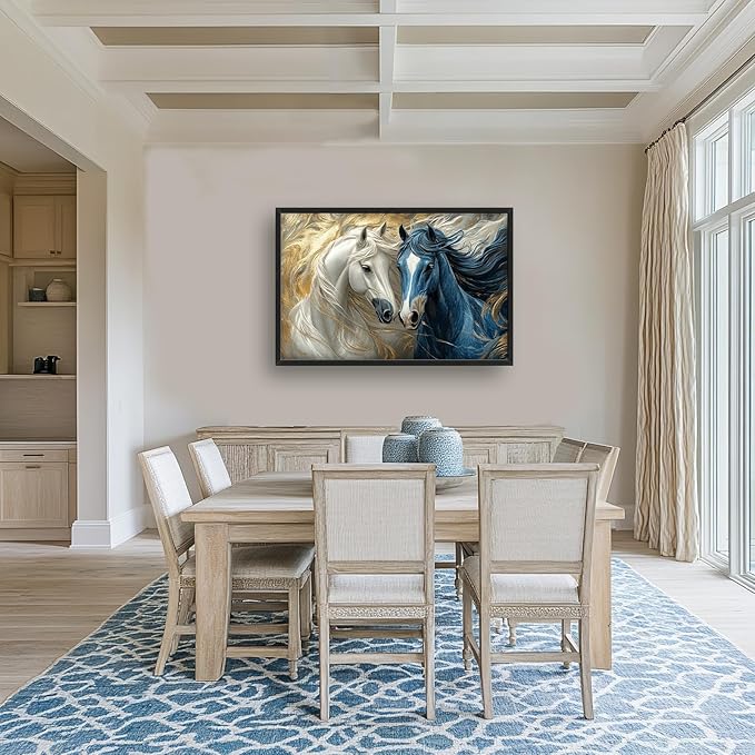 Framed Large Horse Wall Art for Living Room, Oversized Abstract Horses Wall Decor Blue and Golden Canvas Painting Animal Pictures Modern Artwork for Living Room Bedroom Office 36"x24"-PurrikoPets