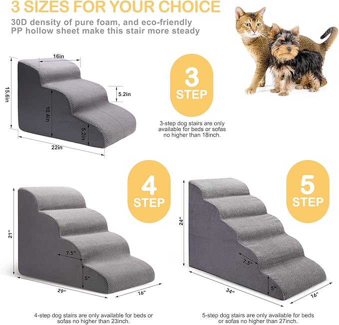 Dog Stairs for Bed and Couch, Non-Slip 5-Step Pet Stairs, 24" High Sofa Foam Dog Ramp - Best for Small Pets, Dogs and Cats with Joint Pain-PurrikoPets