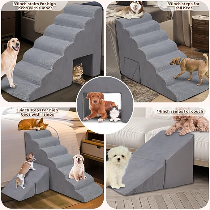 Dog Stairs & Steps for High Beds 30-36 inches High Tall, LitaiL 33inch 7 Steps Pet Stairs/Steps for High Beds Small Large Dogs, Non-Slip Dog Ramps/Ladder for Old Dogs/Cats-PurrikoPets