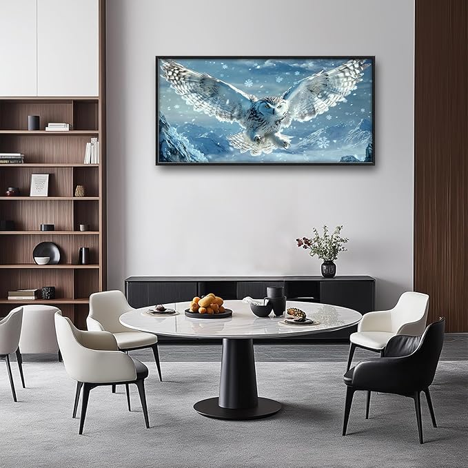 Framed Large Snowy Owl Wall Art for Living Room, Oversized Snowy Mountain Wall Decor Landscape Canvas Painting Modern Artwork Home Decoration for Living Room Bedroom Office 60"x30"-PurrikoPets