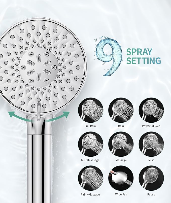 Filtered Shower Head with Handheld, High Pressure 9 Spray Mode Chrome Showerhead with Filters,detachable shower head,Water Softener Filters Beads for Hard Water -Remove Chlorine-PurrikoPets