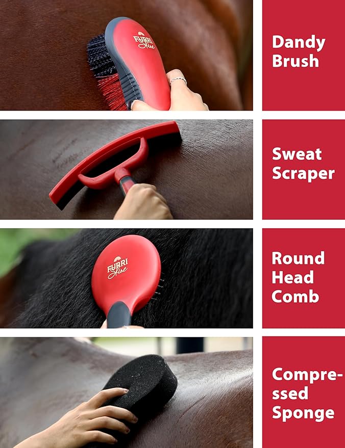 9PCS Horse Grooming Kit Curry Comb Sweat Scraper Horse Bathing Supplies Grooming Tools with Storage Bag Shadowberry-PurrikoPets