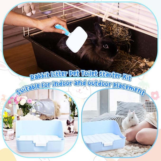 15 Pcs Rabbit Starter Kit Small Rabbit Litter Box Animal Grooming Kit Bunny Toys Bowl Blankets with Cleaning Set for Guinea Pig Accessories(Candy Blue)-PurrikoPets