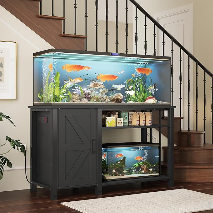 55-75 Gallon Fish Tank Stand with Power Outlet & Adjustable Shelf, Heavy Duty Aquarium Stand with Cabinet Storage for Fish Tank, Turtle Tank, Reptile Terrarium, 1000LBS Capacity, Black-PurrikoPets