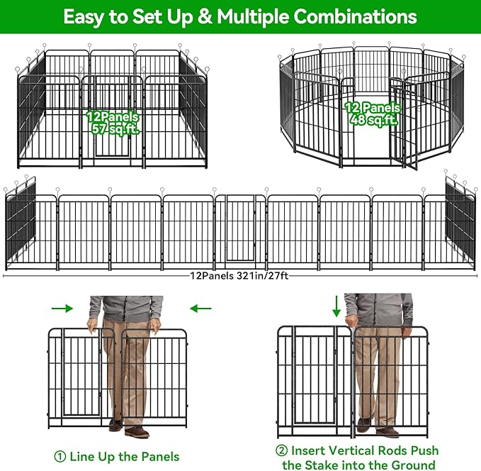 Dog Playpen Outdoor 12 Panels Heavy Duty Dog Fence 40" Height with Thick Pipe Anti-Rust with Doors Portable for RV Camping Yard, Total 27FT, 57 Sq.ft, Snowy Black-PurrikoPets