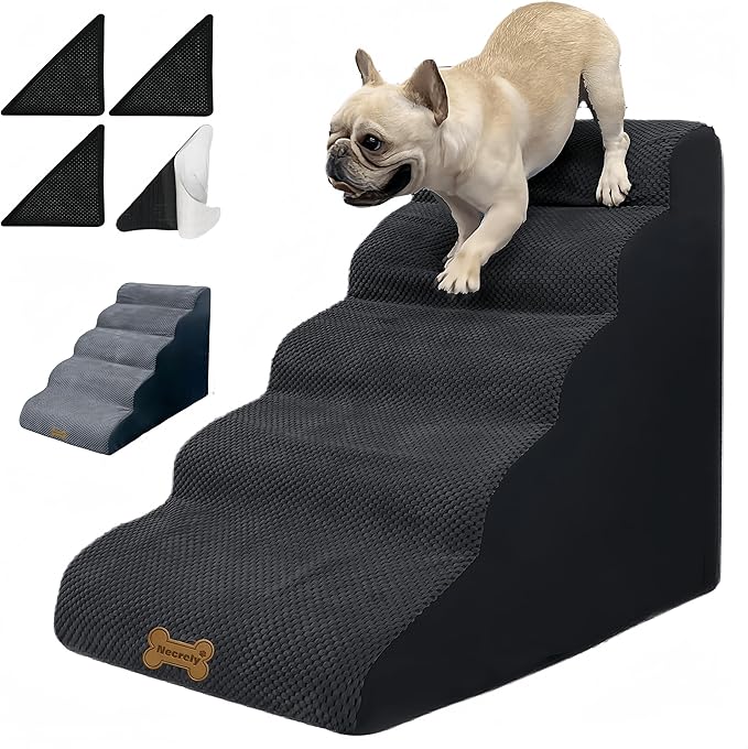 Dog Stairs & Pet Ramp for Small/Large Dogs to High Beds/Couches - 5 Steps 24-inch Height for 18-30 inch Furniture, 2 Washable Covers (Black, Grey), Non-Slip Balanced 33D Design for Old Dogs & Cats-PurrikoPets