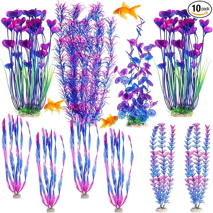 10 Pcs Large Aquarium Artificial Plants Decorations, Tall Plastic Fish Tank Plant Decorations for Household and Office Aquarium(Purple)-PurrikoPets