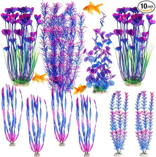 10 Pcs Large Aquarium Artificial Plants Decorations, Tall Plastic Fish Tank Plant Decorations for Household and Office Aquarium(Purple)-PurrikoPets