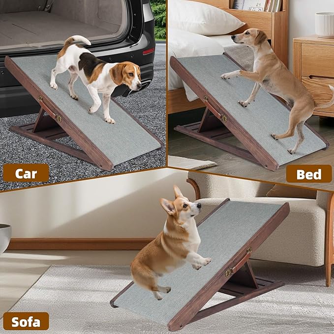 Folding Dog Ramp for Bed, Couch, Car, SUV & RV - Adjustable 4 Heights (12.2"-19.2"), 35.4" Long Wooden Pet Ramp with Non-Slip Mat & Safety Rails - Supports Pets up to 200 lbs-PurrikoPets