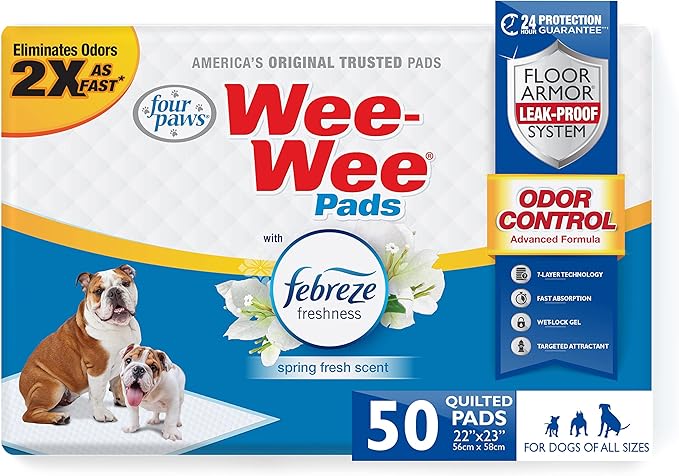 Four Paws Wee-Wee Odor Control with Febreze Freshness Pee Pads for Dogs & Puppies, Leak-Proof Dog Housebreaking Potty Training Floor Protection, Spring Fresh Scent, 22" x 23", 50 Count-PurrikoPets