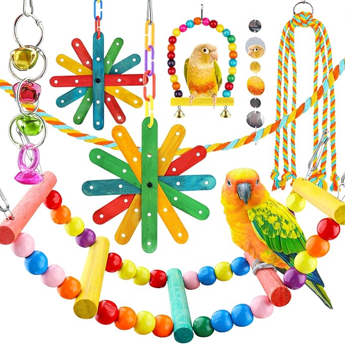 8 pcs Bird Toys for Parakeets with Colorful Ladder Hammock Bird Cage Accessories Bird Perch Stand Chewing Toys Hanging Bell Parrot-PurrikoPets