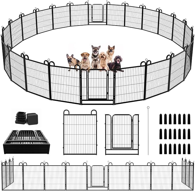 Dog Playpen Outdoor 24 Panels Heavy Duty Dog Fence 32" Height Anti-Rust with Doors Portable for RV Camping Yard, Total 54FT, 227 Sq.ft, Snowy Black-PurrikoPets